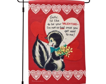 Vintage Valentine Card Garden Flag - Retro Style Skunk - Greeting Card