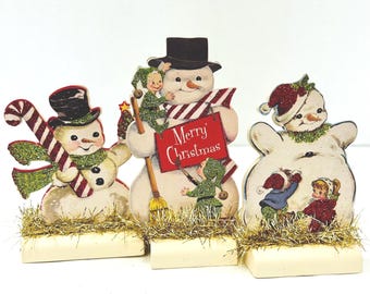 Juego de 3 muñecos de nieve navideños de estilo vintage, decoración de pie estilo retro, recuerdo de fiesta - Personalización disponible