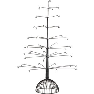 May include: Black metal Christmas tree ornament holder with a wire frame and multiple hooks. The holder has a round base.