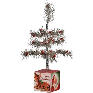 Christmas Tree Vintage Style Tinsel with Santa Claus Reindeer Block Base