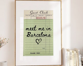 Póster con impresión de cheque de invitado de Barcelona, arte de pared de Barcelona, arte minimalista de Barcelona, arte de corazón, impresión de España, impresión de pared de Barcelona digital