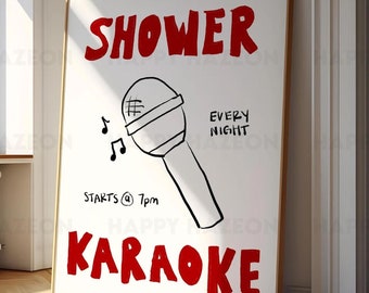 Bathroom Art Print Poster Shower Karaoke Print Red Bathroom Retro Wall Art Trendy Printable Aesthetic Wall Art Poster Shower Art Print