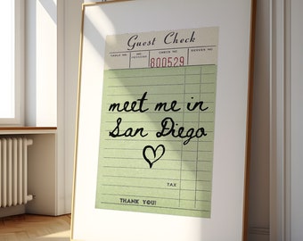 San Diego Guest Check Print Poster Wall Art California Art Minimalist San Diego Art Heart Art California Print Wall Art Print Digital