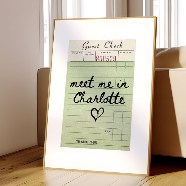 Charlotte Guest Check Print Poster Wall Art Charlotte North Carolina Art Minimalist Art Heart Art Print Charlotte Wall Art Print Digital