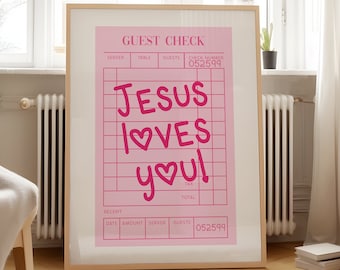 Jesus Christian Wall Art Print Poster Guest Check Print Pink Religious Wall Printable Art Pink Aesthetic Wall Art Trendy Poster Printable