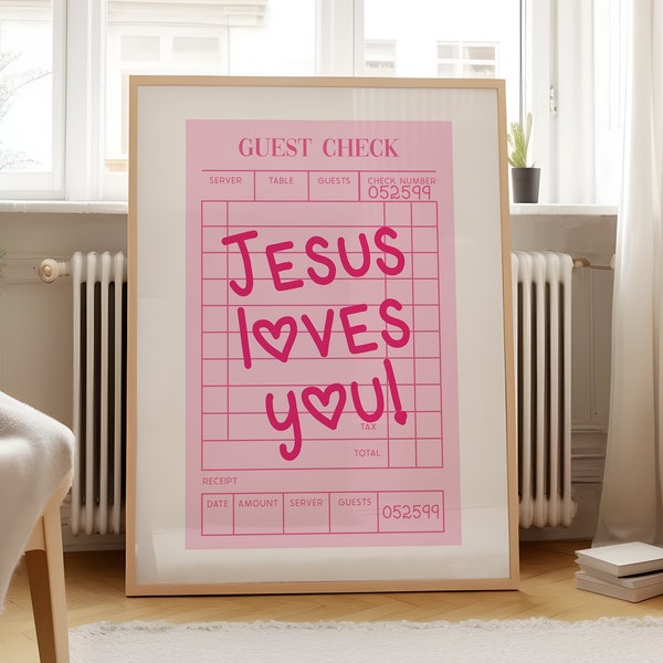 Jesus Christian Wall Art Print Poster Guest Check Print Pink Religious Wall Printable Art Pink Aesthetic Wall Art Trendy Poster Printable