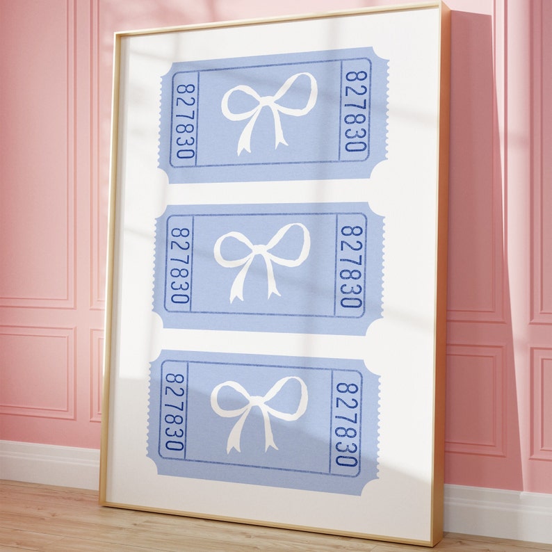 May include: Three blue ticket-shaped prints with white bows and the number 827830 printed on each.