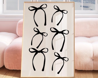 May include: A framed print with a white background and six black bow designs. The bows are arranged in a symmetrical pattern.