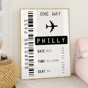 Philly Philadelphia Travel Print Poster Wall Art Boarding Pass Philly Art Minimalist Art Heart Art Philadelphia PA Print Wall Art Print