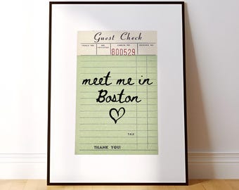 Póster impreso de Boston Guest Check para pared, arte minimalista de Boston, arte de corazón de Boston, arte de Massachusetts, impresión digital para pared.