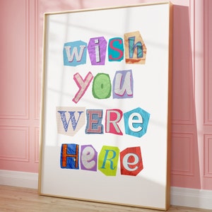 Póster con impresión de arte de pared "Wish You Are Here", arte de pared digital de moda, decoración retro estética, arte de pared rosa preppy femenino, arte imprimible de moda