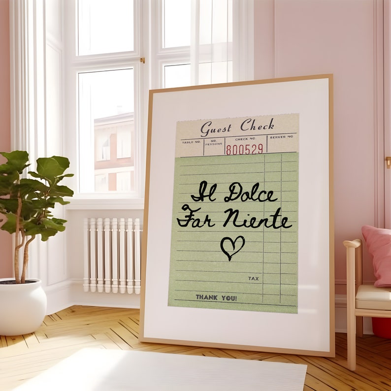 May include: A vintage-style guest check with the text "Il Dolce Far Niente" written in cursive with a heart symbol. The check number is 800529. The check is printed on green paper with white lines.