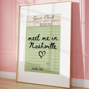 Może przedstawiać: Stylizowany na vintage paragon dla gości z nadrukowanym tekstem "Guest Check" i "Thank You!" Numer paragonu to 800529. Na paragonie odręcznie napisano "meet me in Nashville" z narysowanym sercem pod tekstem.