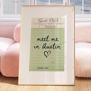 Póster con impresión de cheque de invitado de Austin, arte de pared, arte minimalista de Austin, Texas, arte de corazón de Austin, impresión de Texas, arte de pared de Austin, Texas, impresión digital