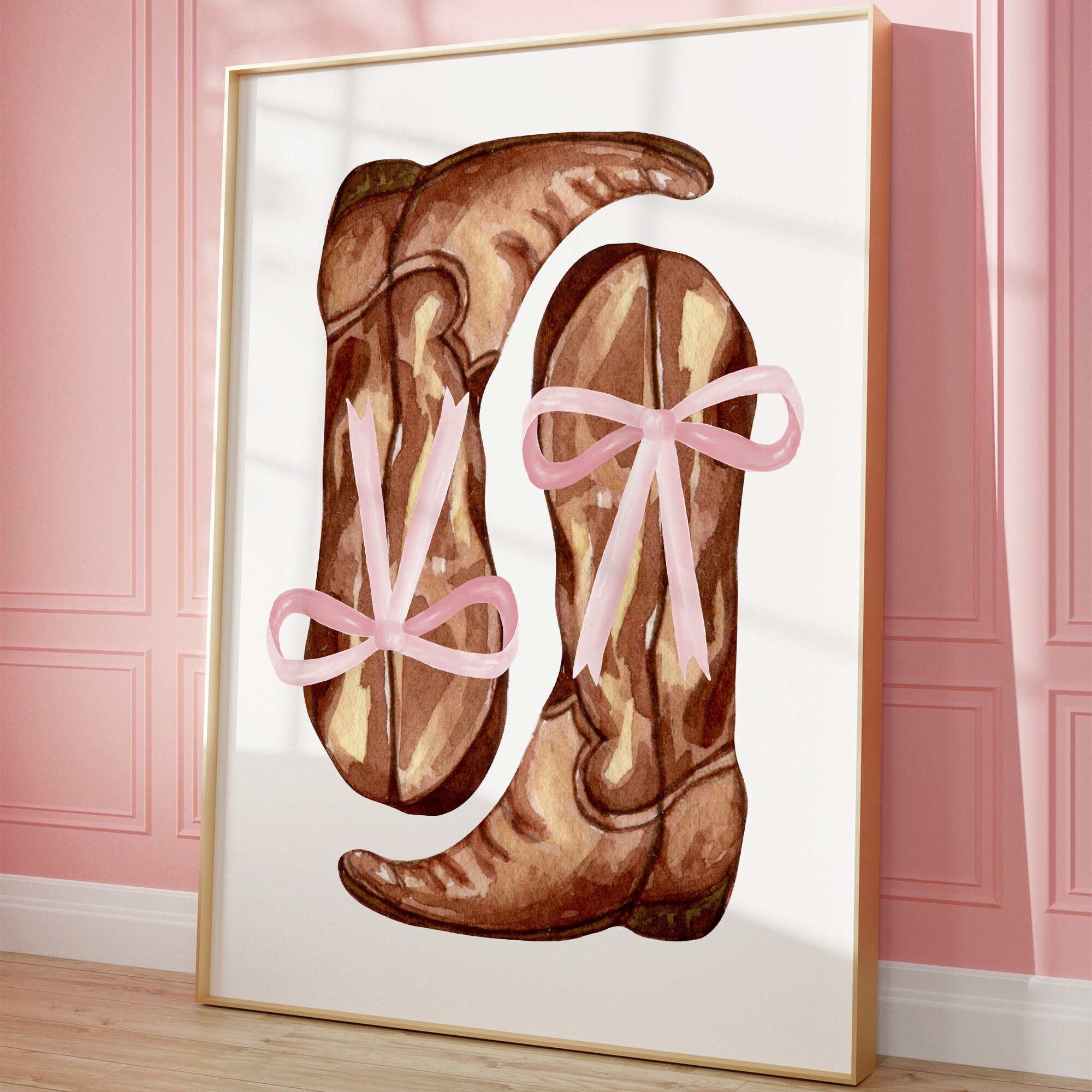 Watercolor Pink Pastel Cowboy Boots Coquette Cowgirl Coastal Room