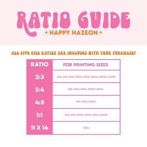 May include: A pink and orange graphic with the text "RATIO GUIDE" and "HAPPY HAZEON" in a retro font. The graphic lists five different aspect ratios for printing, with corresponding size recommendations in inches.