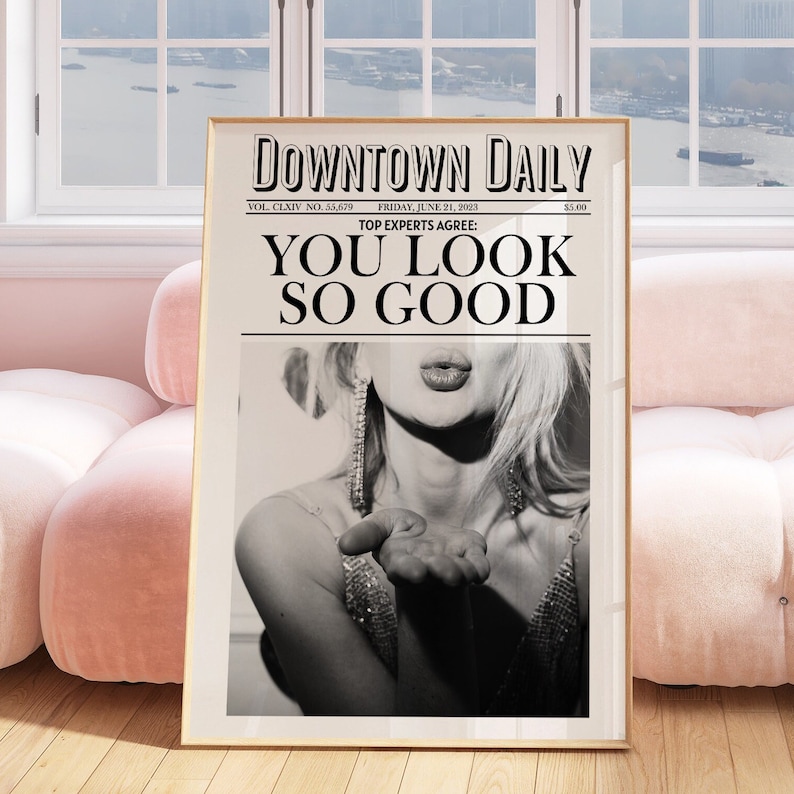 You Look So Good Newspaper Wall Art Print Bar Cart Art Trendy Printable Art Pink Aesthetic Retro Wall Art Retro Funky Girly Trendy Poster image 4