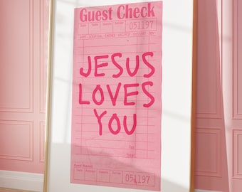 Jesus Christian Wall Art Print Poster Guest Check Print Pink Religious Wall Printable Art Pink Aesthetic Wall Art Trendy Poster Printable