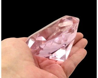 Vintage Large Faceted Glass Pink Diamond Shaped Paperweight