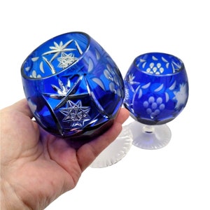 Ajka Marsala Cobalt Blue Cased Cut To Clear Crystal Brandy Snifters 2pc Set