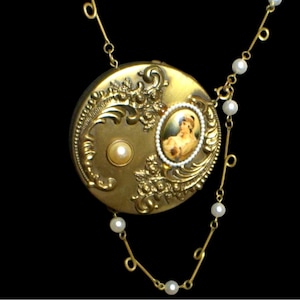 Rare Antique Powder Compact Brass & Pearl on 40 inch Chain
