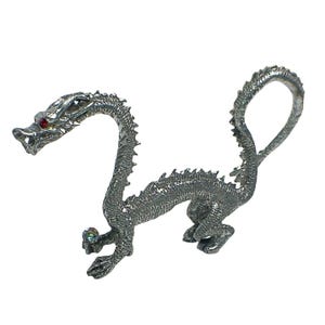 Vintage Pewter Dragon Figurine With Rainbow Crystal Sphere & Red Eyes