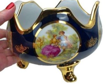Bol de porcelana azul cobalto con base, diseño de Limoge, decorado con 4 camafeos de pareja de enamorados, dorado, 18 cm (7 pulgadas)