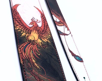 Pheonix Rising, one-of-a-kind hand painted leather guitar strap.