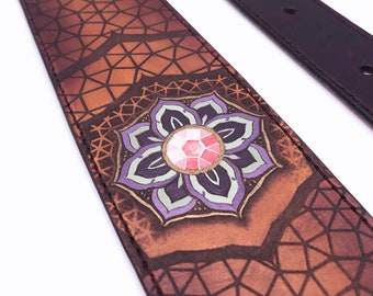 Passion Medallion, one-of-a-kind hand painted leather guitar strap