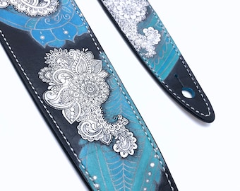 It's All Black and White and Blue Paisley, one-of-a-kind hand painted leather guitar strap.