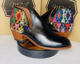 Handmade Leather Booties: Guatemalan Huipil Design, Size 9