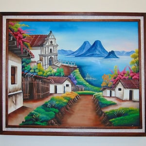 Wall art, lake atitlan framed, canvas, framed oil painting landscapes,  Guatemala canvas, Guatemala canvas wall art, canvas prints wall art