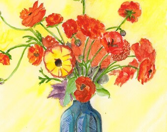 Amapolas rojas en un jarrón turquesa