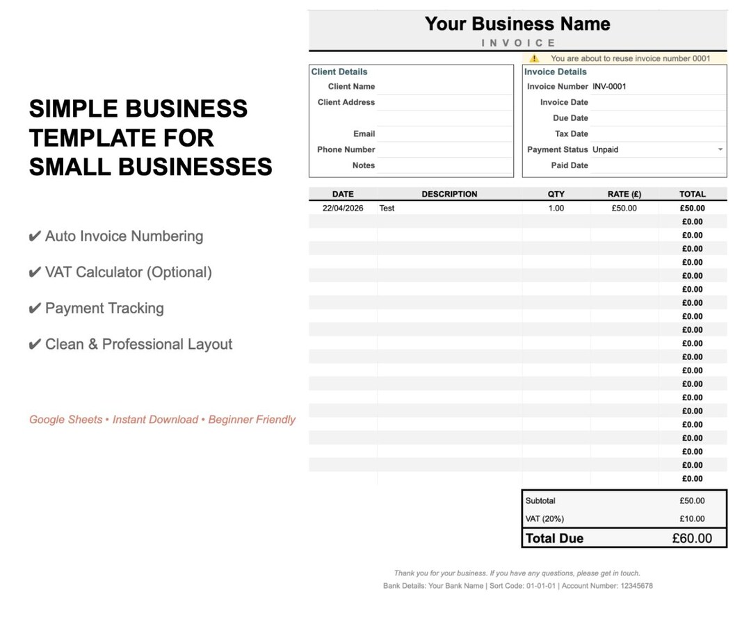 Google Sheets Invoice Template | Auto Numbering, VAT Calculator ...