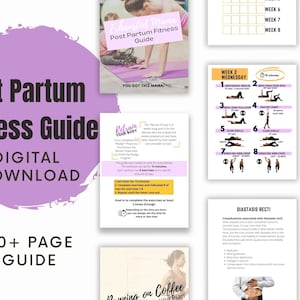 Puede incluir: Una guía de fitness digital para la recuperación posparto. La guía incluye una guía de más de 60 páginas con una portada morada y el texto "Post Partum Fitness Guide" en blanco. La guía incluye un plan de entrenamiento con ilustraciones y texto. La guía también incluye una sección sobre diástasis de rectos.
