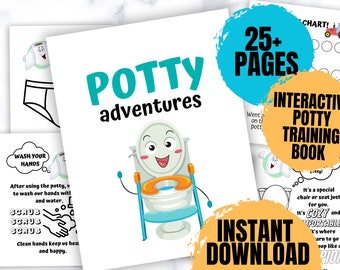 Könnte beinhalten: Ein buntes, druckbares Töpfchentraining-Buch mit über 25 Seiten. Das Cover zeigt eine Karikatur einer Toilette mit einem lächelnden Gesicht und dem Text "Potty adventures". Das Buch wird als interaktives Töpfchentraining-Buch mit sofortigem Download beworben.