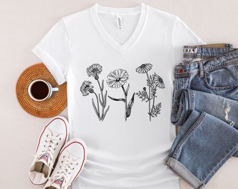 Vneck tshirts unisex botanical, Wildflower shirt, shirts for sister, Botanical shirt, garden gift, plant lover shirt, crazy plant lady shirt