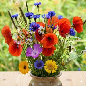 May include: A bouquet of wildflowers in a ceramic vase featuring bright red poppies, blue cornflowers, yellow daisies, and a single purple flower. The arrangement includes green wheat stalks and stems, creating a dense, colourful display of various blossoms.