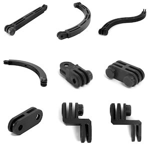 Puede incluir: Un conjunto de nueve soportes de cámara GoPro de plástico negro. Los soportes incluyen una variedad de formas y tamaños, incluyendo una barra recta, una barra curva, un ángulo recto y un soporte en forma de T.