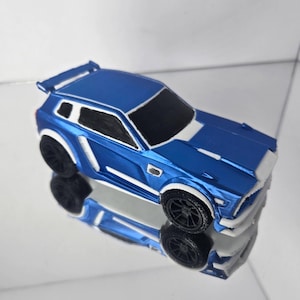 Kastenförmiges, 3D-gedrucktes Modellraketenauto - Fertigmodell - Weiße Zierleisten - Glänzend blaue Karosserie - Defekt (reduziert)