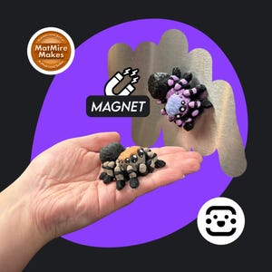 May include: A handmade spider magnet with a black body, tan abdomen, and black and tan legs. The magnet is attached to a silver metal shape. The word "MAGNET" is displayed on a black rectangle.