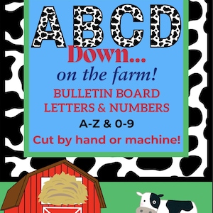 Down on the Farm koeienprint: afdrukbaar bulletinboardbrieven klasset stijlvol decor gemakkelijk gemaakt png-bron voor briefuitsparing in de klas DIY
