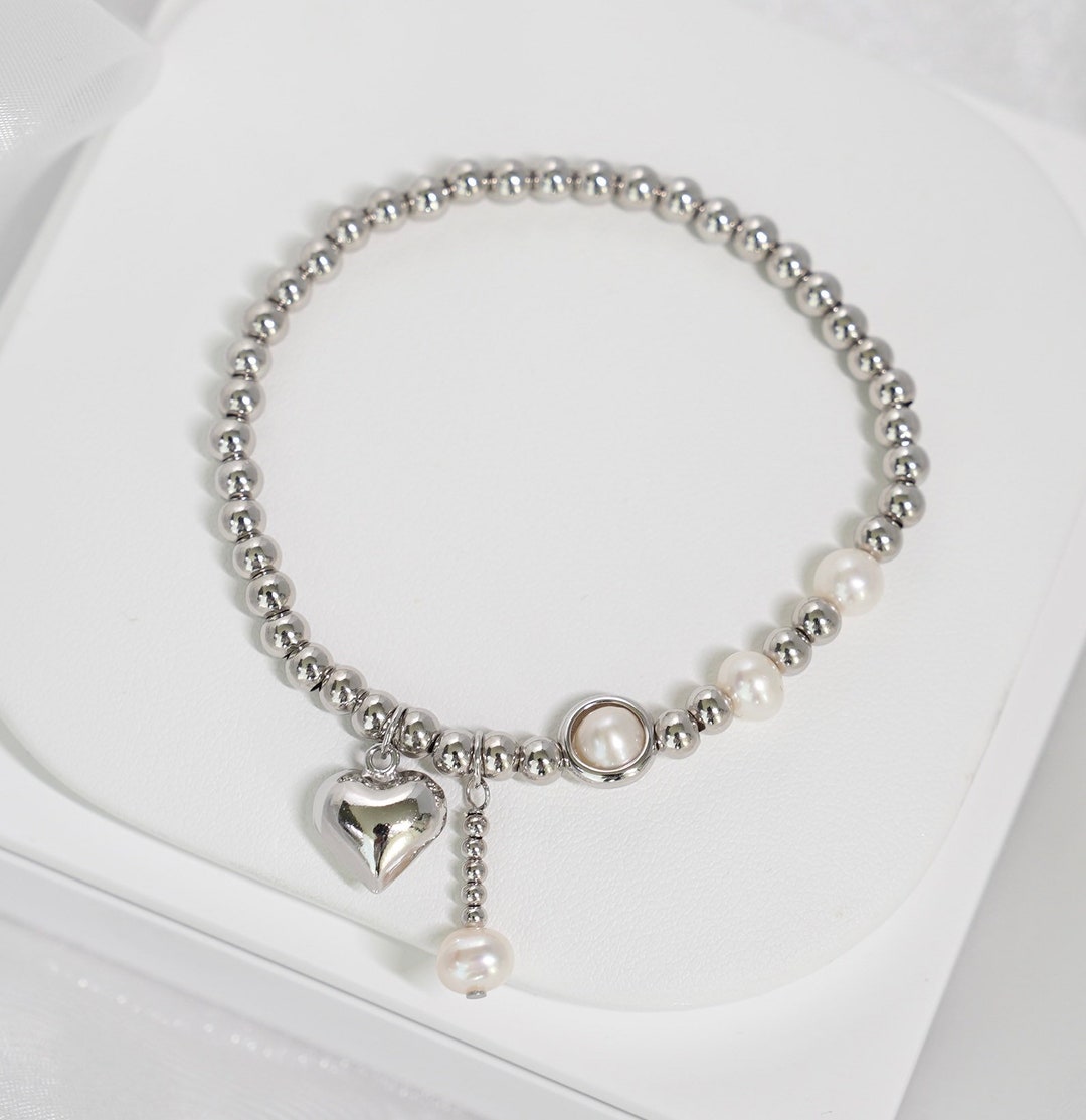 ●ANOETIC● ANC VOLUME HEART PEARL BRACELET_SILVER 925 Sterling Silver Beaded Bracelet With Heart Charm, Pearl