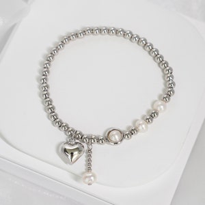 925 Sterling Silver Beaded Bracelet with Heart Charm, Pearl bracelet, Dainty Silver Bracelets for Women