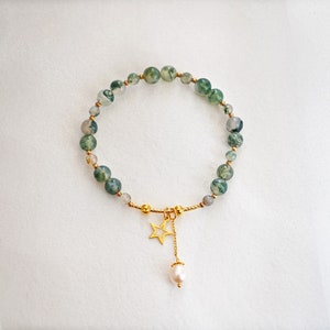 Dainty Green Moss Agate Bracelet Fluorite Beads 14k Gold Plated 925 Sterling Silver  Stacking Bracelet Minimalist Jewelry