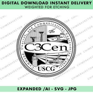 May include: Black and white illustration of a Coast Guard seal with the text "Command, Control and Communications Engineering Center" and "C3Cen" in the center. The seal also includes the text "USCG" and depicts a lighthouse, a ship, and a helicopter.