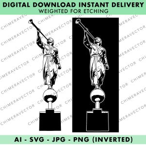 May include: Black and white digital download of an angel blowing a trumpet. The angel is standing on a globe and has a base. The image is weighted for etching.