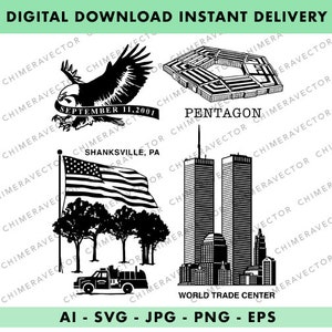 Puede incluir: Ilustración en blanco y negro del Pentágono, el World Trade Center, Shanksville, Pensilvania, y un águila calva con una pancarta que dice "September 11, 2001".
