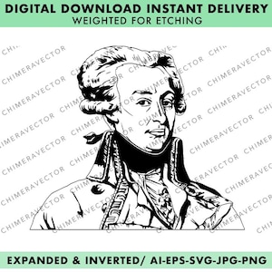 May include: Black and white digital download of a historical figure's portrait, weighted for etching. The image includes the text "DIGITAL DOWNLOAD INSTANT DELIVERY WEIGHTED FOR ETCHING" and "EXPANDED & INVERTED/ AI-EPS-SVG-JPG-PNG".