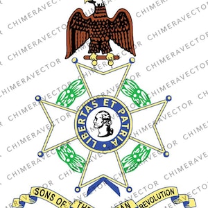 May include: A yellow star with a blue circle in the center. The circle has the words "LIBERTAS ET PATRIA" written around the edge. A portrait of a man is in the center of the circle. A bald eagle is perched above the star. A yellow ribbon with the words "SONS OF THE AMERICAN REVOLUTION" is below the star.